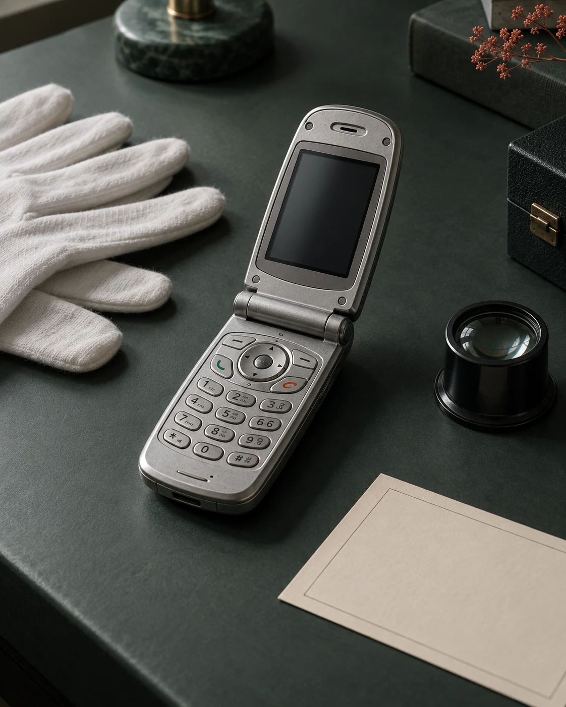 A vintage flip phone being inspected and catalogued